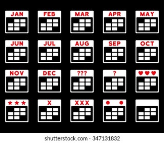 Calendar Months vector icon. Style is bicolor flat symbols, red and white colors, rounded angles, black background.