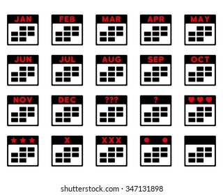 Calendar Months vector icon. Style is bicolor flat symbols, intensive red and black colors, rounded angles, white background.