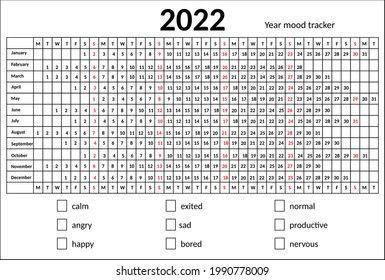 Calendar mood tracker grid 2022 year. Vector design with black line and red sundays table template on white background for organization and business.
