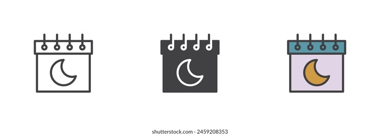 Calendario con la luna diferente conjunto de iconos de estilo. Línea, glifo y contorno relleno versión colorida, contorno y Vector relleno signo. Símbolo del calendario de la fase lunar, ilustración del logotipo. Vector gráfico