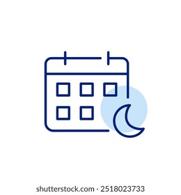 Calendário e lua. Aplicativo de rastreamento de suspensão. Planeamento de eventos noturnos. Pixel perfeito, ícone de traçado editável