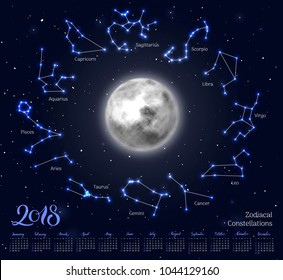 Calendar, moon, zodiac constellations, 2018, night sky background, lettering. Wall planner in astrological theme. Vector illustration of scheduler