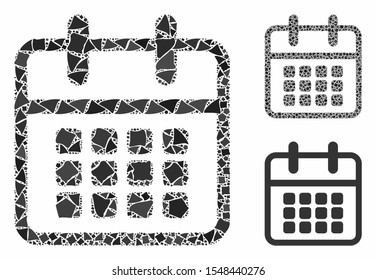 Calendar mosaic of raggy pieces in variable sizes and color tints, based on calendar icon. Vector unequal pieces are organized into composition. Calendar icons collage with dotted pattern.