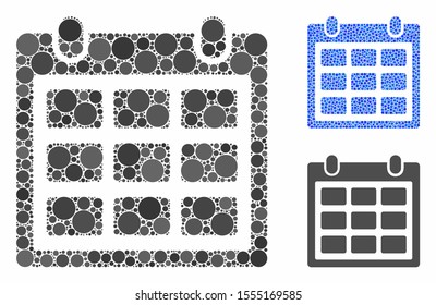 Calendar mosaic of round dots in various sizes and shades, based on calendar icon. Vector dots are united into blue mosaic. Dotted calendar icon in usual and blue versions.