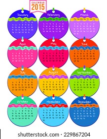 Calendar with multicolored circle 2015 design, English, Monday start. Vector illustration