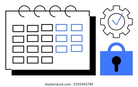 Calendar with multiple boxes representing days, an icon of a secure lock, and a gear with a check mark. Ideal for organizational security, time management, secure scheduling, productivity