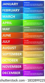 Calendar with the names of the month on colored stripes with shadow on a white background