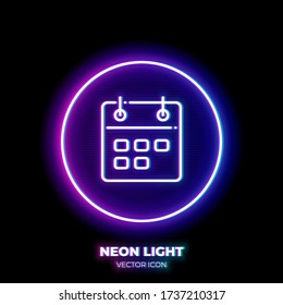 Calendar neon light line art vector icon. Outline symbol of reminder. Schedule pictogram made of thin stroke. Isolated on background.