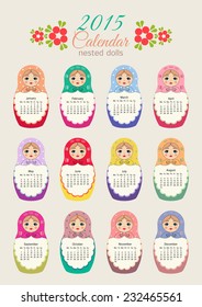 Calendar with nested dolls 2015. Vector illustration