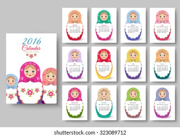 Calendar with nested dolls 2016. Vector illustration