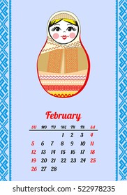 Calendar with nested dolls 2017. Matryoshka with different Russian national ornament. 2017 design. Week Starts Sunday. February Vector illustration. Eps 10.