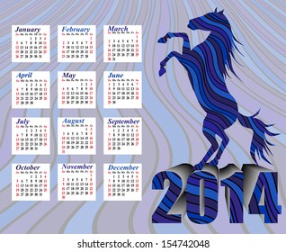 Calendar to a new 2014 year - rearing up graceful silhouette horse 