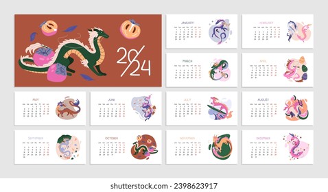 Calendar new 2024 year with flying dragons, symbol of Chinese year. Monthly template series. Wall calendar in flat style. Week start on Monday. Horizontal printable page design. Vector illustration