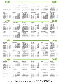 Calendar, New Year  2013, 2014, 2015, 2016 with green lines