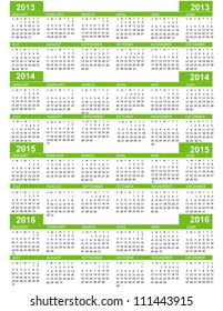 Calendar, New Year  2013, 2014, 2015, 2016 with green lines