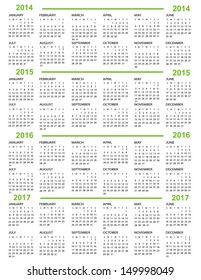 Calendar, New Year   2014, 2015, 2016, 2017 with green lines