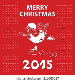 Calendar new Year 2015.Year of Sheep. Vector Cartoon sheep skate.Red background.White silhouette.Merry Christmas.Illustration