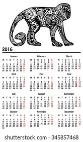 Calendar New Year 2016. Black monkey with hand-drawn zentangle style pattern as title
