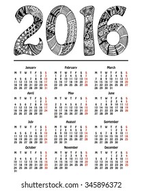 Calendar New Year 2016 with black title numerals designed in hand-drawn zentangle style 