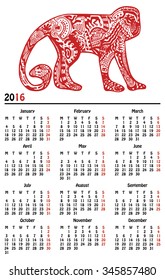 Calendar New Year 2016. Red monkey with hand-drawn zentangle style pattern as title