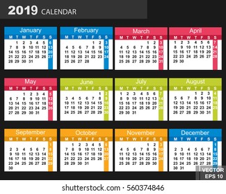 The calendar. New Year. 2019. Date. For your design.