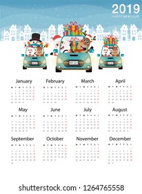 Calendar New Year 2019. Santa Claus, Snowman with Reindeer dive car with winter weather. blue background