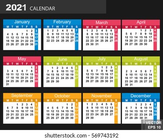 The calendar. New Year 2021 date. For your design.