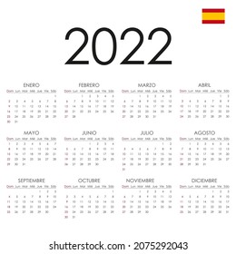 calendar for the new year 2022 in Spanish with flag. vector illustration isolated on white background