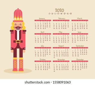 calendar new year with happy nutcracker cartoon. vector illustration