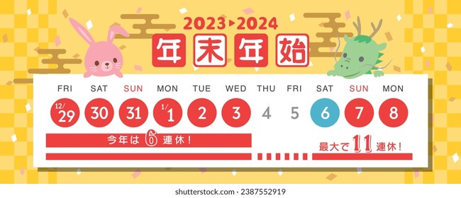 Calendar for the new year holidays in Japan from 2023 to 2024.   In Japanese it is written "New year holiday" "6 consecutive holidays this year" "Up to 11 consecutive holidays".