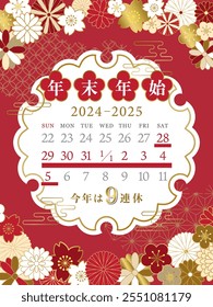 Calendar for the new year holidays in Japan from 2024 to 2025.   In Japanese it is written "New year holiday season" "9 consecutive holidays this year".