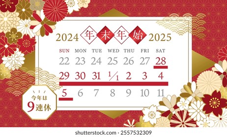 Calendar for the new year holidays in Japan from 2024 to 2025.   In Japanese it is written "New year holiday season" "9 consecutive holidays this year".