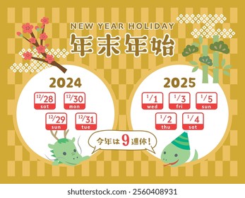 Calendar for the new year holidays in Japan from 2024 to 2025.   In Japanese it is written "New year holiday season" "9 consecutive holidays this year".