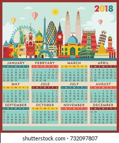 Calendar. New year calendar. Travel and tourism background. Vector illustration