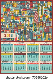 Calendar. New year calendar with world famous monuments. Travel and tourism background. Vector illustration