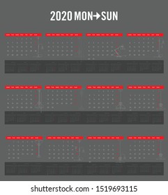 Calendar for new year,for year 2020 mount start with monday