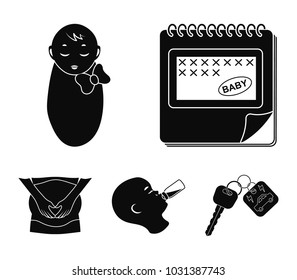 Calendar, newborn, stomach massage, artificial feeding. Pregnancy set collection icons in black style vector symbol stock illustration web.