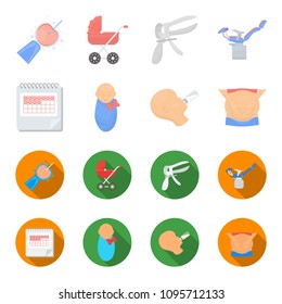Calendar, newborn, stomach massage, artificial feeding. Pregnancy set collection icons in cartoon,flat style vector symbol stock illustration web.