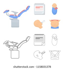 Calendar, newborn, stomach massage, artificial feeding. Pregnancy set collection icons in cartoon,outline style vector symbol stock illustration web.