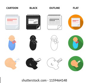 Calendar, newborn, stomach massage, artificial feeding. Pregnancy set collection icons in cartoon,black,outline,flat style vector symbol stock illustration web.