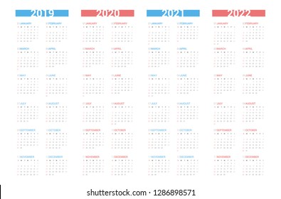 Calendar next 4 year simple style on white background. Week starts Sunday.