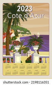 Calendar Nice French Riviera coast 2023 poster vintage. Mediterranean Resort, coast, sea, palms, beach. Retro style illustration vector