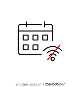 Calendar and no wi-fi symbol. Disconnected online planner. Data sycnchronization. Pixel perfect, editable stroke vector icon