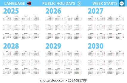 Calendar in Norwegian language for year 2025, 2026, 2027, 2028, 2029, 2030. Week starts from Monday. Vector calendar.