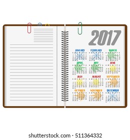 Calendar notebook, diary and calendar  with white pages open is insulated on white background. Stylish vector illustration for web design