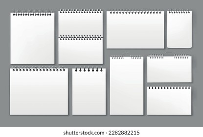 Calendar or notebook. Paper page mockup. Realistic diary or notepad. Notepaper with ring binder. Sketch pad. Organizer empty white sheets set. Vector exact office stationery template