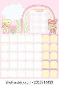 Calendar for Notes, monthly  planer, to do on pink background, notes, reminds  For girls with clouds rainbow cartoons character kawaii baby girl