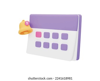 Calendar and notification bell with 3d vector icon cartoon minimal style