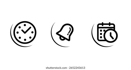 Calendar, Notification Bell, Clock Icons. Event Icon Set. Vector reminder, time, and date symbols.