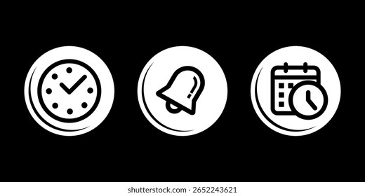 Calendario, campana de notificación, iconos de reloj. Conjunto de iconos de eventos. Vector recordatorio, hora y fecha.